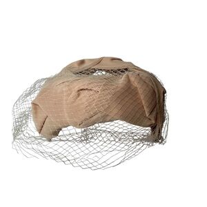 Vintage Beige Light Pink Pillbox Hat with Netting Retro Formal Headpiece Party